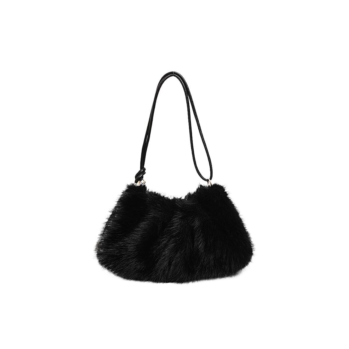 4558 Small Faux Fox Fur Hobo Bag Furry Underarm Bag Plush Shoulder Bag